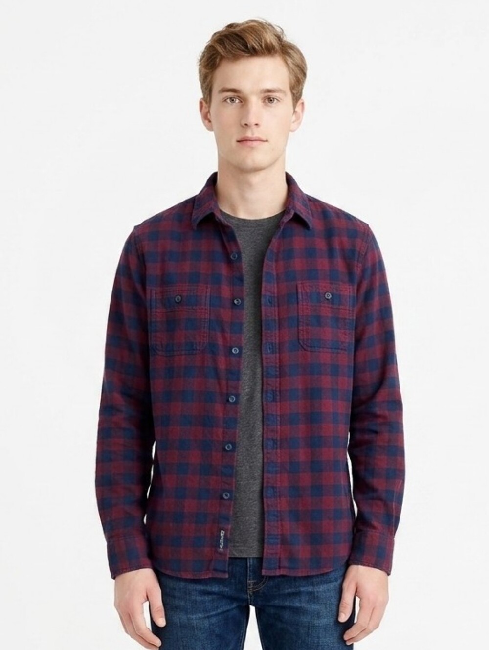 J. Crew Mens Flannel Shirt Large Buffalo Plaid Button Down Navy Burgundy Cotton